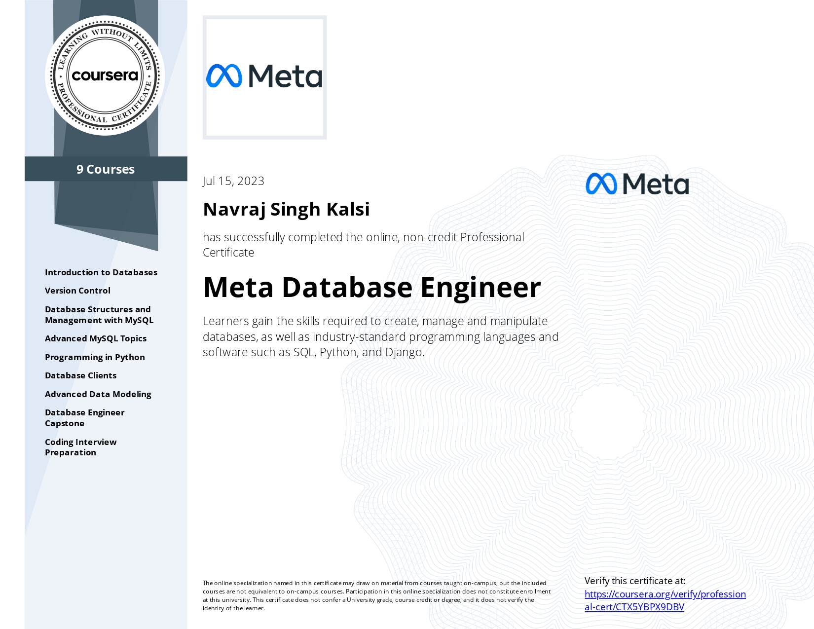 Image of my Meta Database Engineer Course Certification